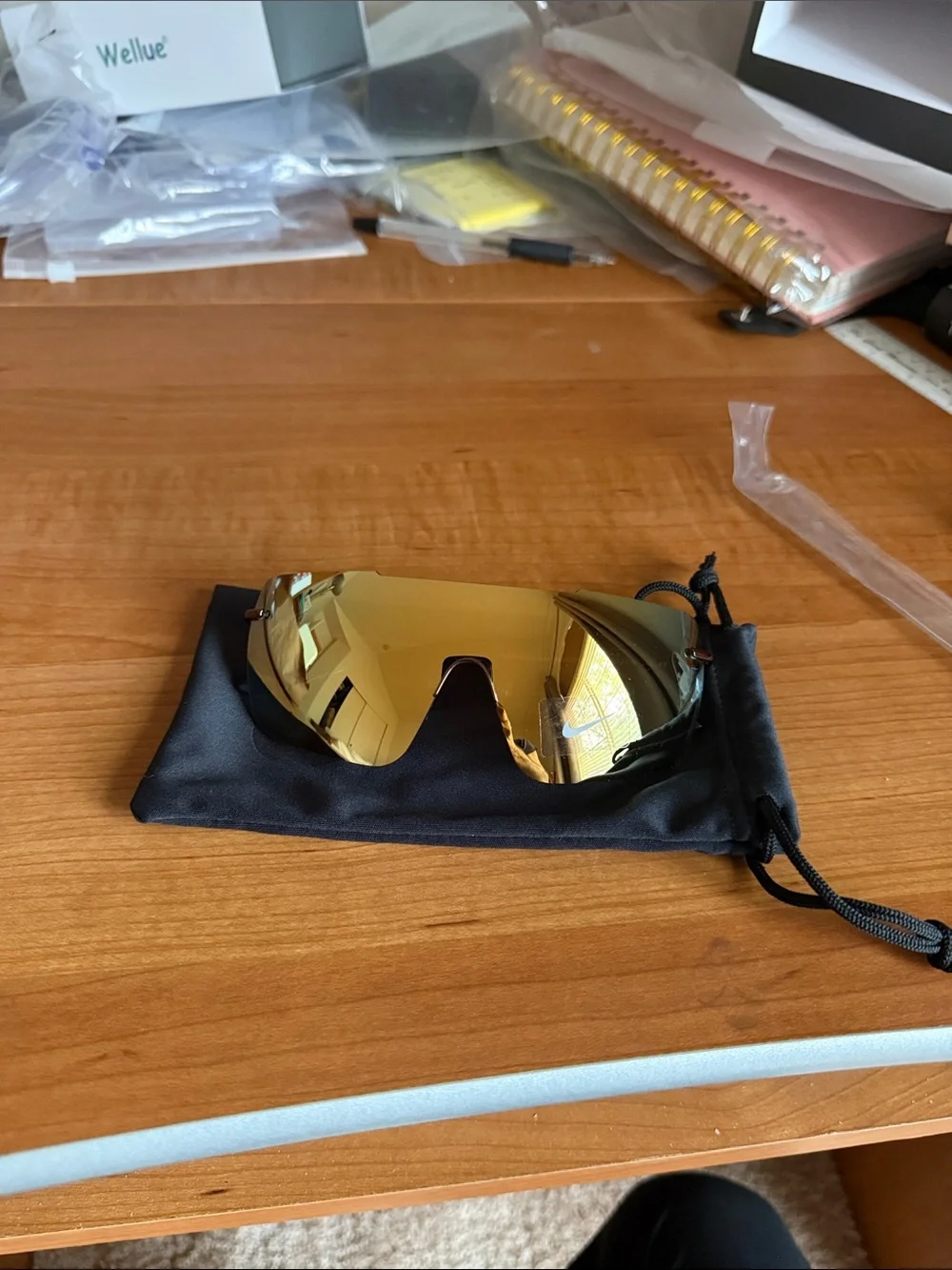 Nike Gold mirror meridian Shield Sunglasses with Blue Temples